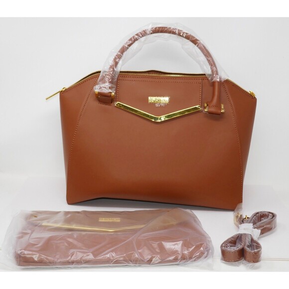 JOY & IMAN Couture Brown Leather Satchel & Clutch with Velvet Detail - Picture 2 of 10